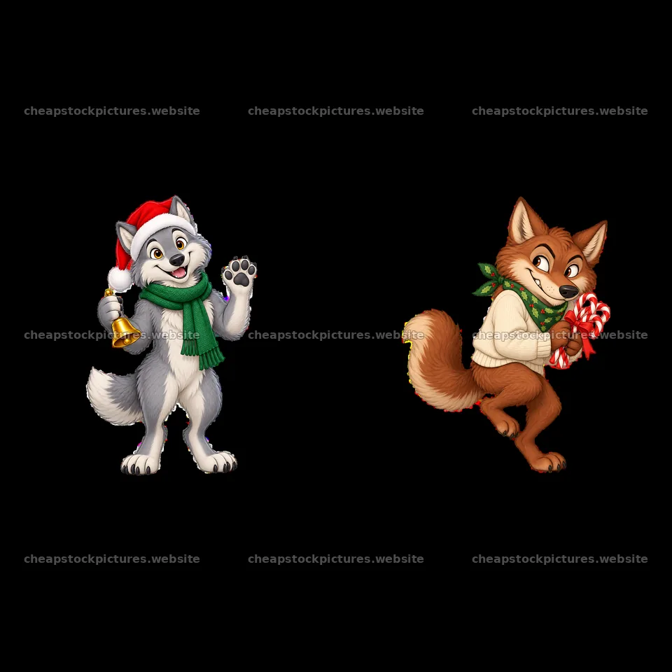 Christmas wolves with bells and candy canes for festive fun – stock pictures 7746x7746