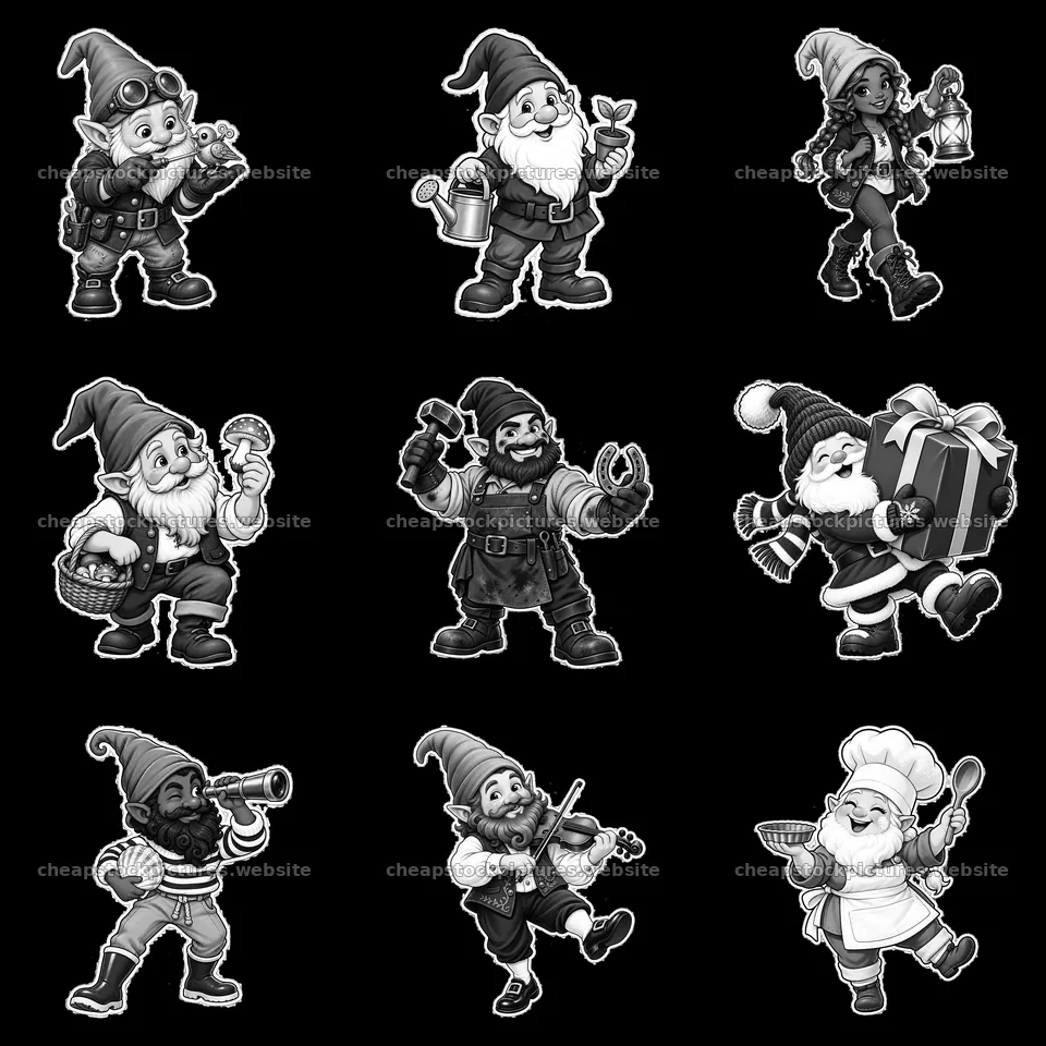 Gnomes engaged in various activities in a 3x3 layout – stock pictures 7746x7746
