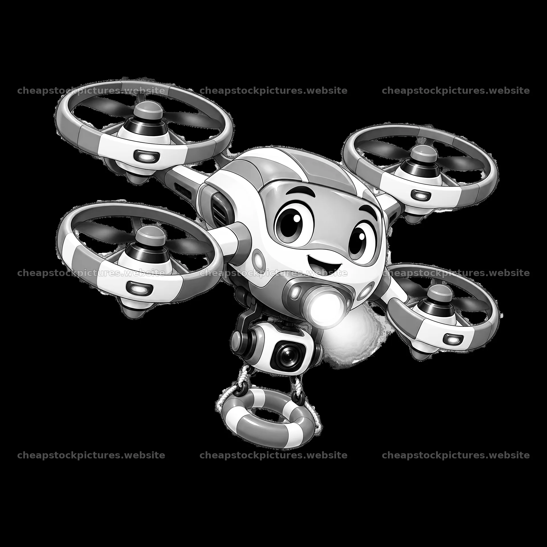 Cartoon drone character with camera and cheerful expression – stock pictures 7746x7746