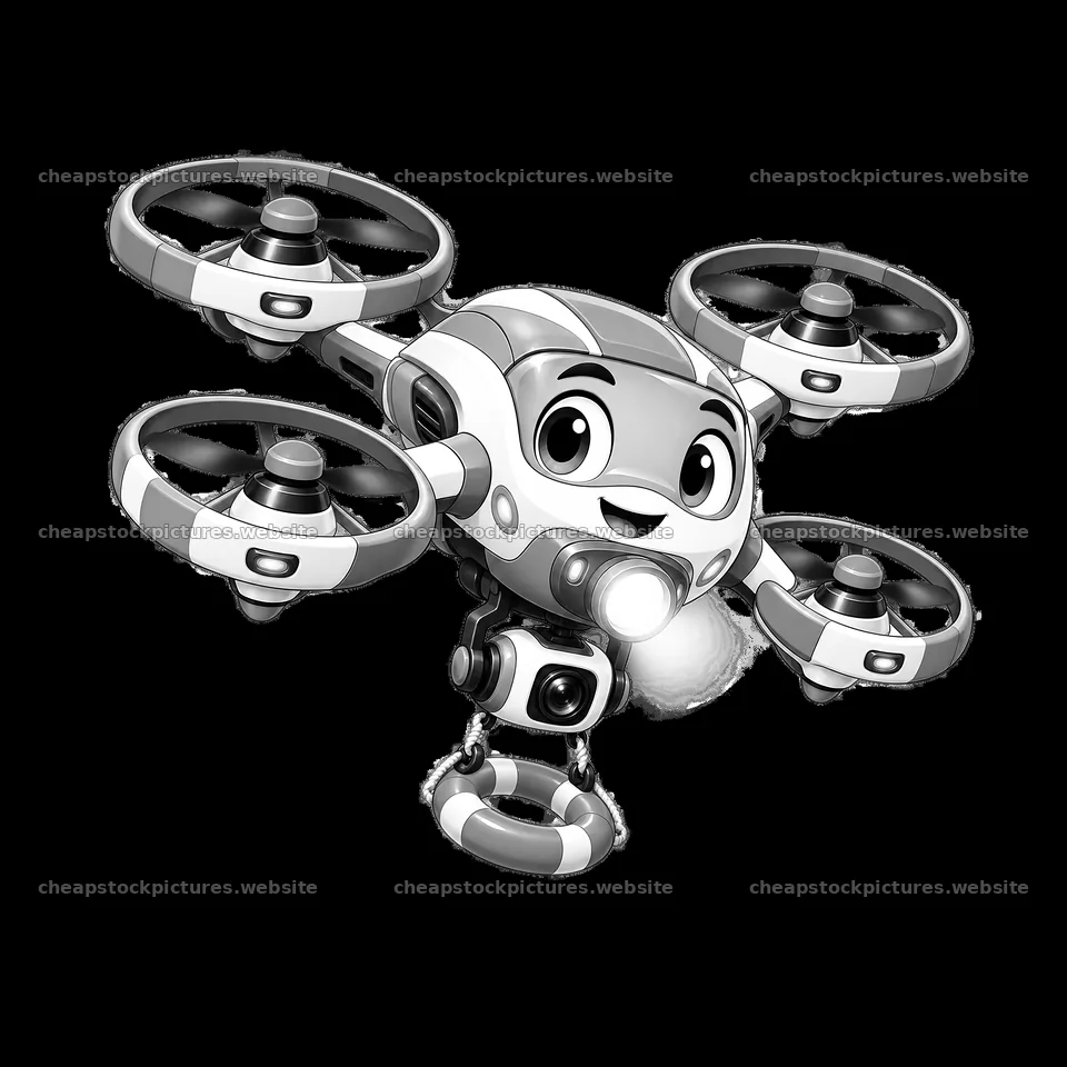 Cartoon drone character with camera and cheerful expression – stock pictures 7746x7746