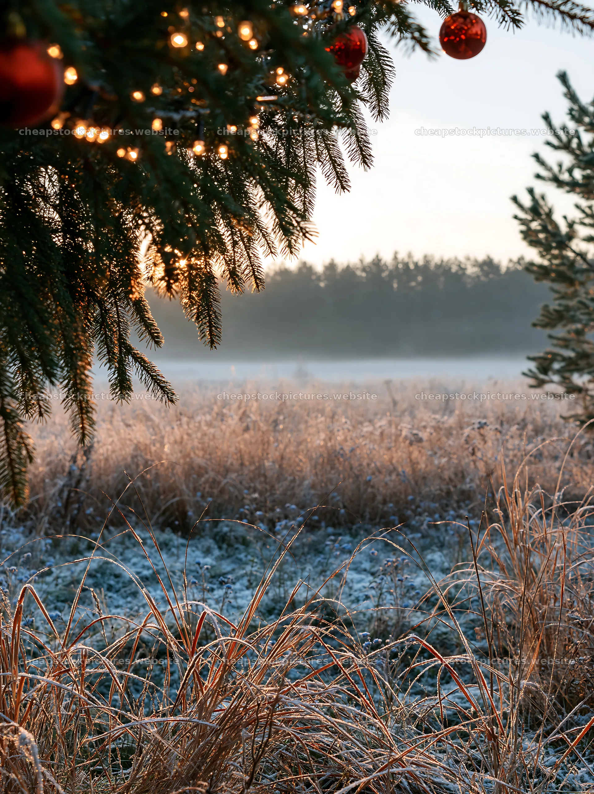 Open Christmas meadow with winter grasses and baubles – stock pictures 6866x9174
