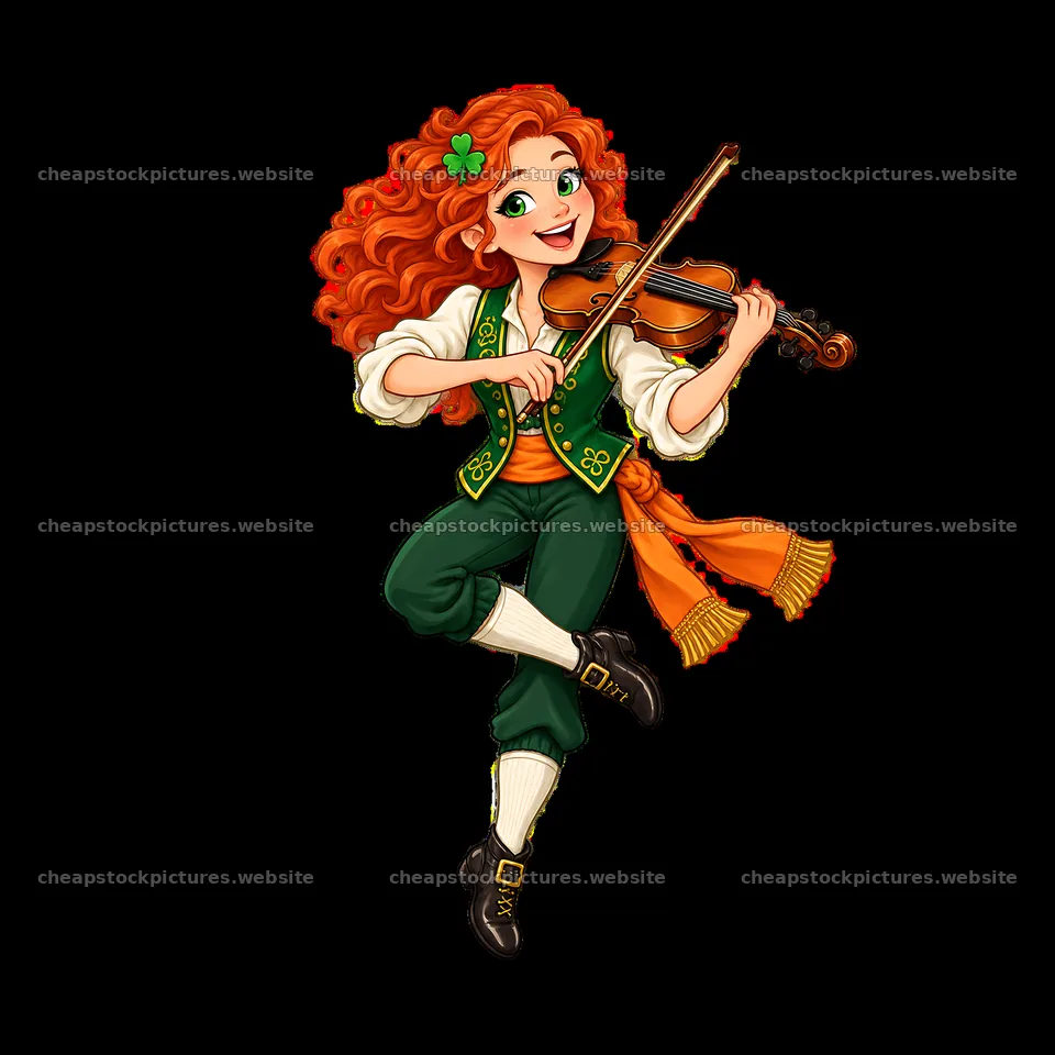 Girl playing violin in St. Patrick's Day attire with orange ribbon – stock pictures 7746x7746