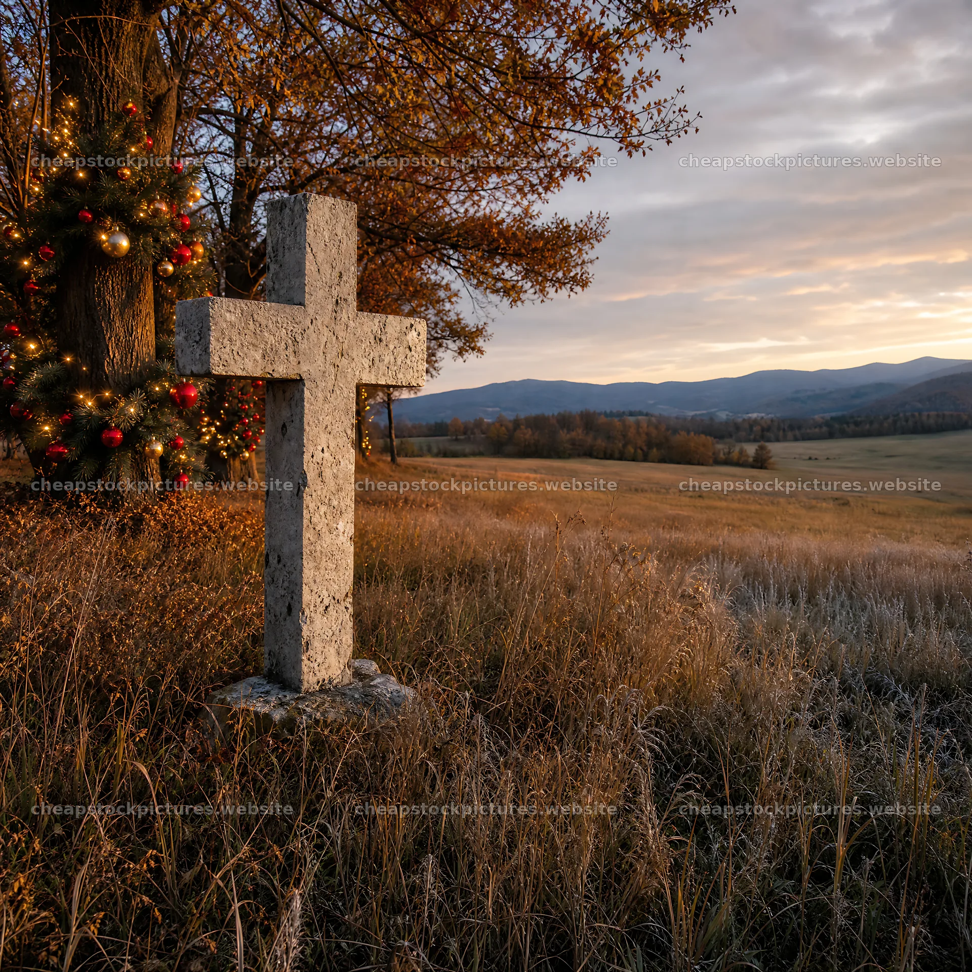 Christian cross in autumn meadow under warm light – stock pictures 7938x7938