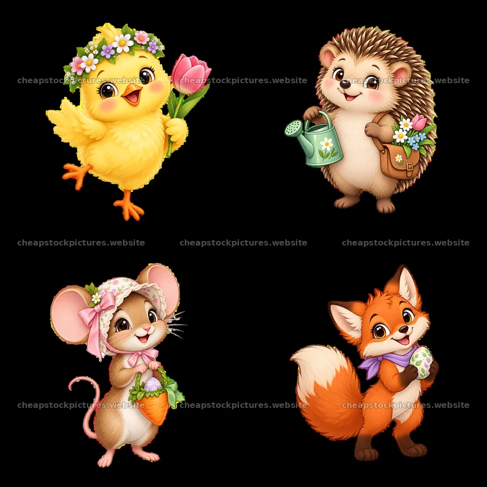 Easter animals in meadow with flowers and gardening tools – stock pictures 7746x7746