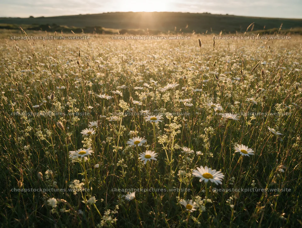 Rewilded meadow with wildflowers at sunset in open field – stock pictures 9134x6898