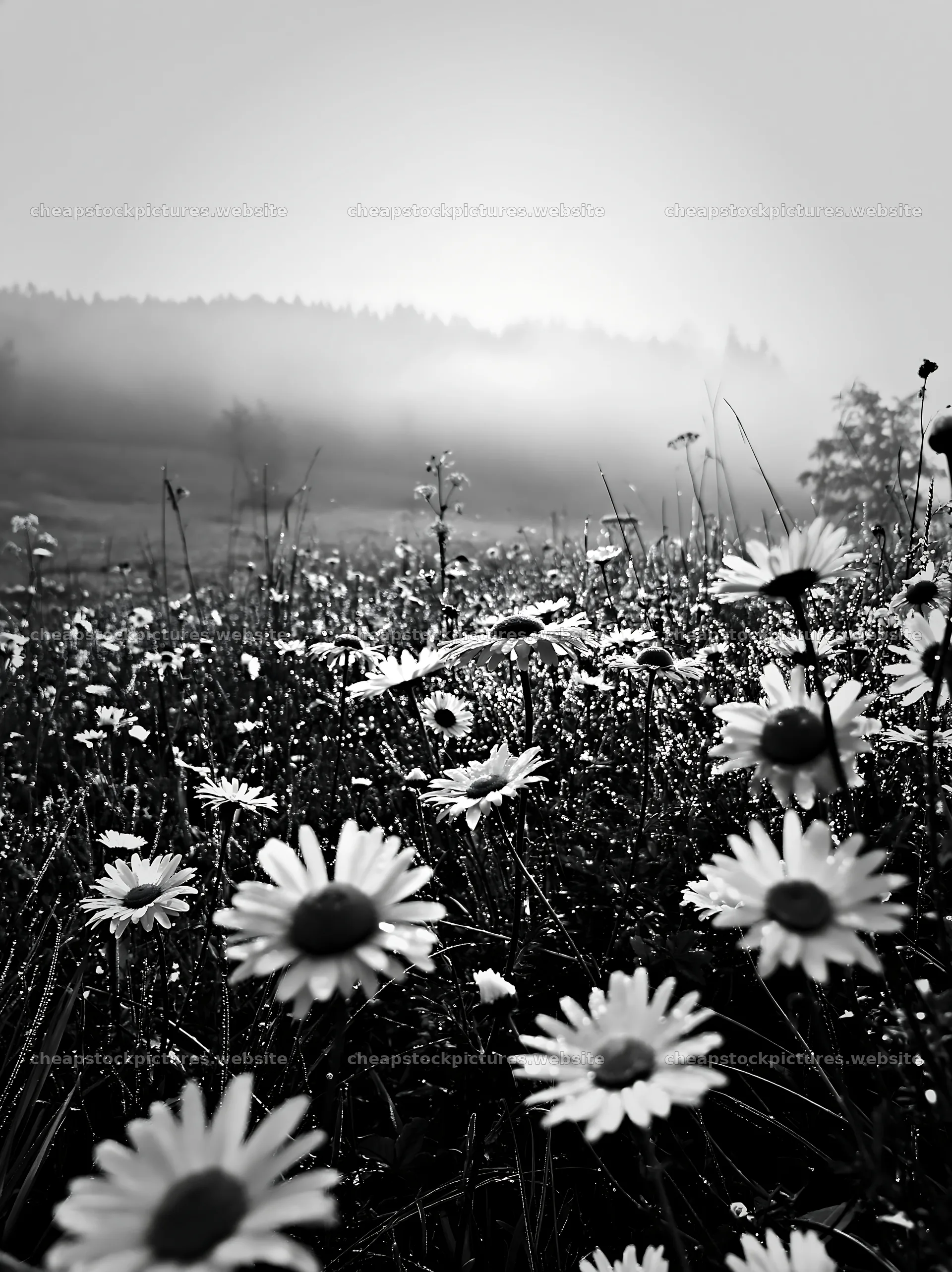 Daisy meadow with fog in the background at dawn – stock pictures 6866x9174
