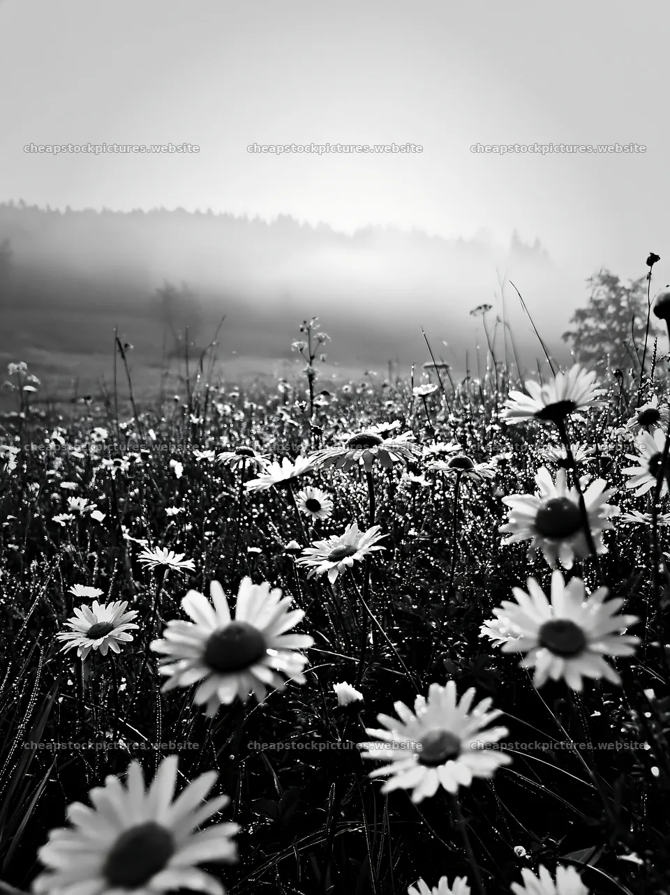 Daisy meadow with fog in the background at dawn – stock pictures 6866x9174