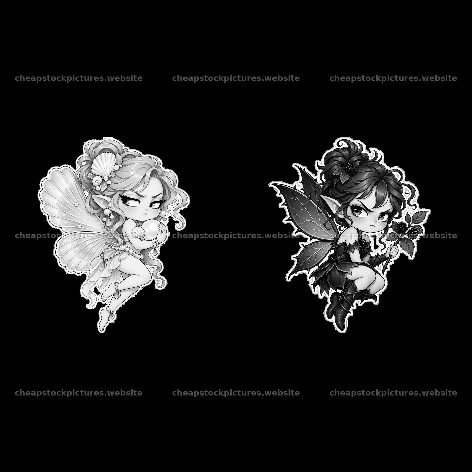 Kawaii grumpy fairy pair with wings and accessories – stock pictures 7746x7746