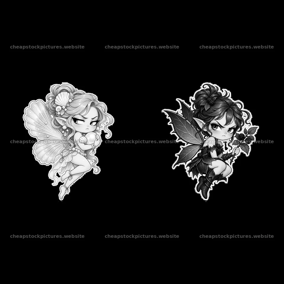 Kawaii grumpy fairy pair with wings and accessories – stock pictures 7746x7746