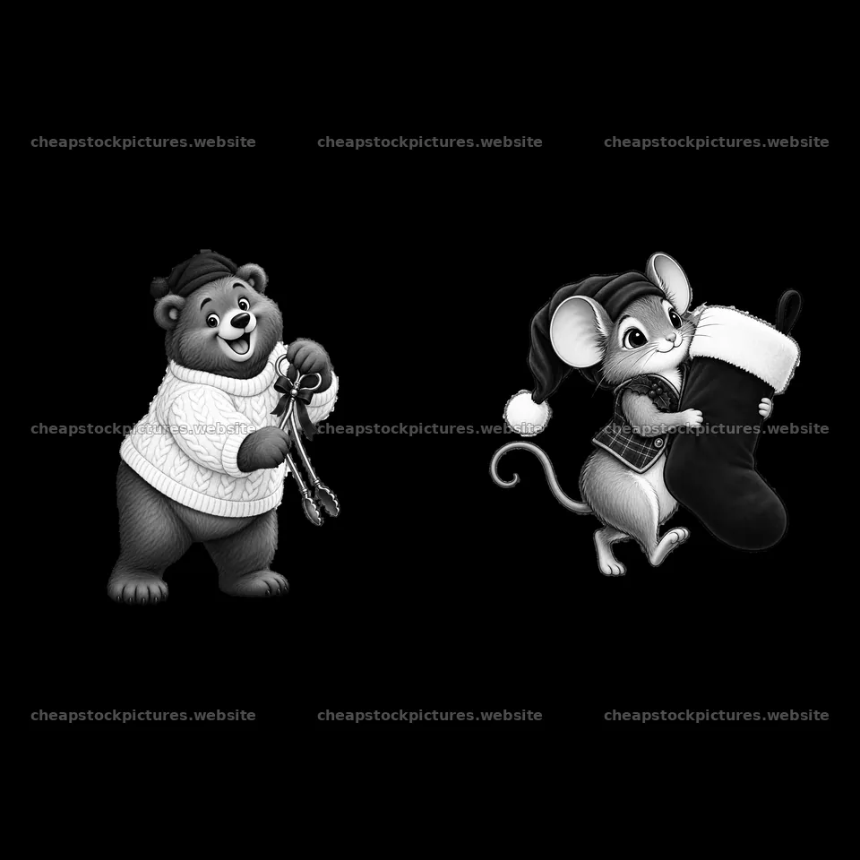 Christmas bear and mouse with festive accessories – stock pictures 7746x7746