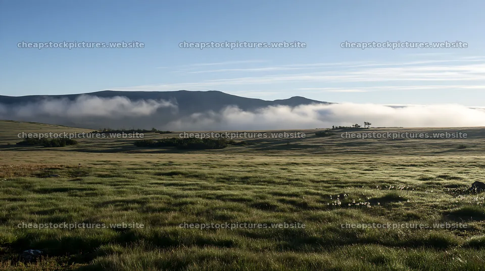 Dewy meadow with fog over hills at sunrise – stock pictures 10608x5938