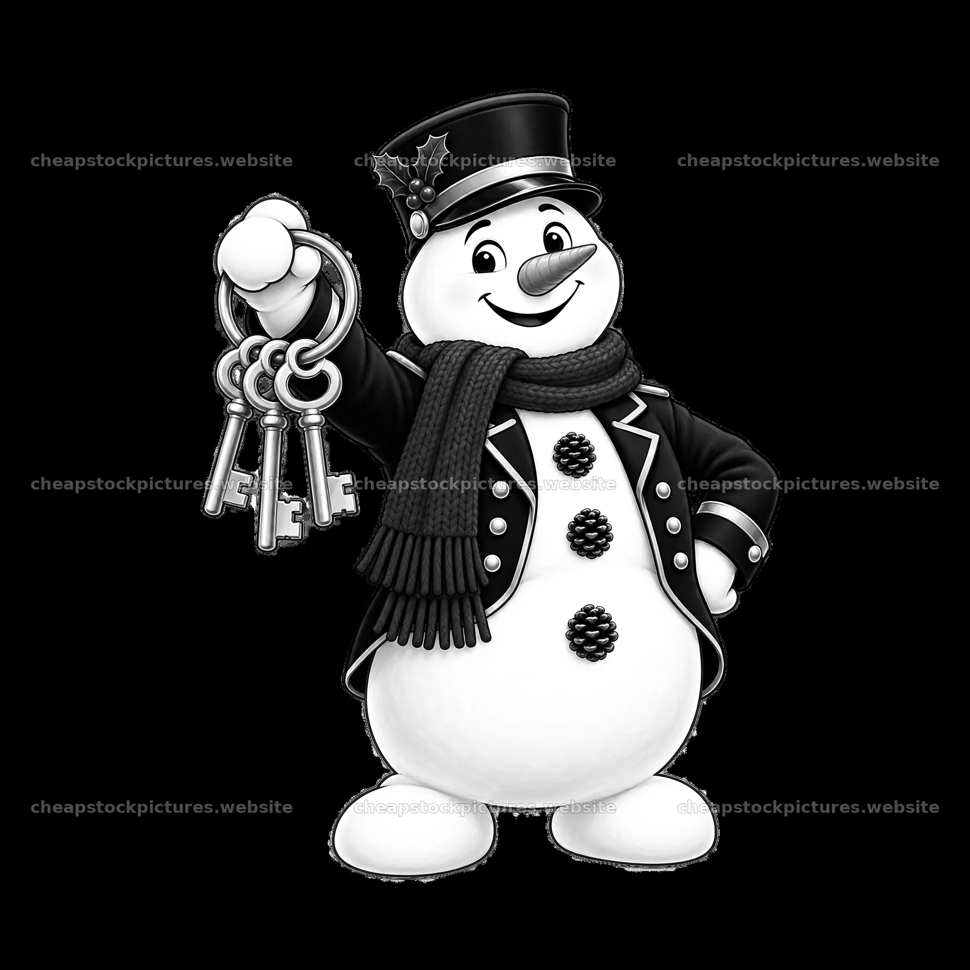 Snowman character holding keys in a Christmas setting – stock pictures 7746x7746