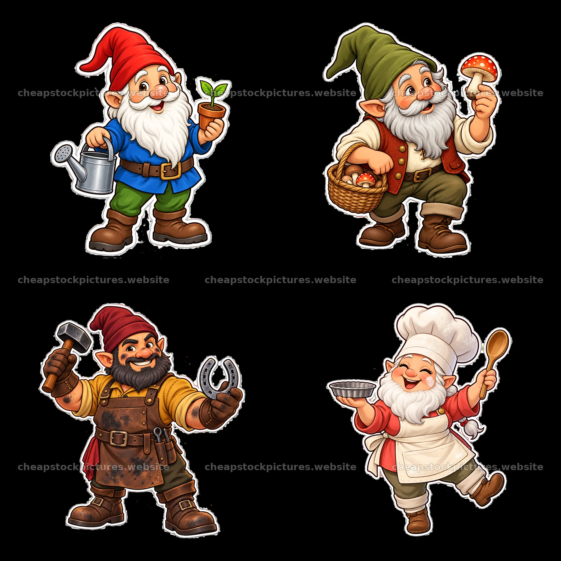 Gnomes engaging in various activities in a colorful grid layout – stock pictures 7746x7746