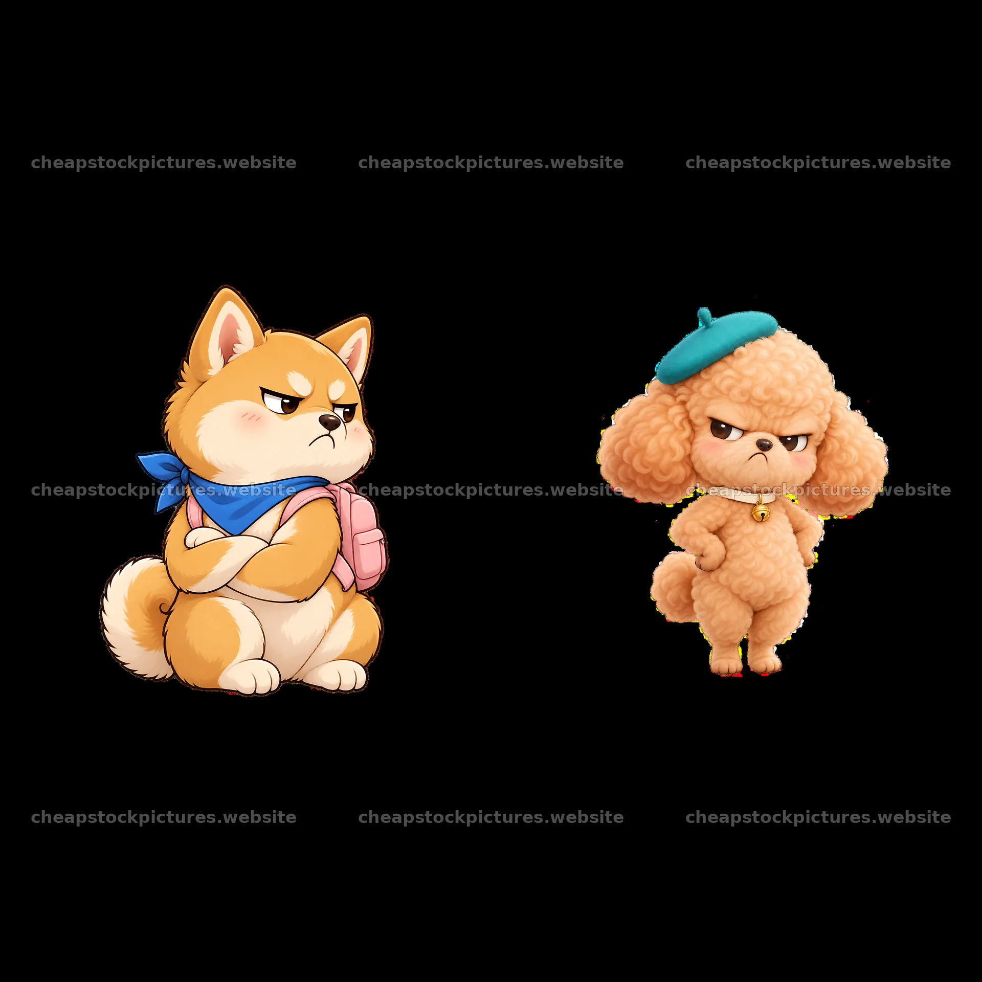 Kawaii grumpy dog duo with backpack and beret in playful pose – stock pictures 7746x7746