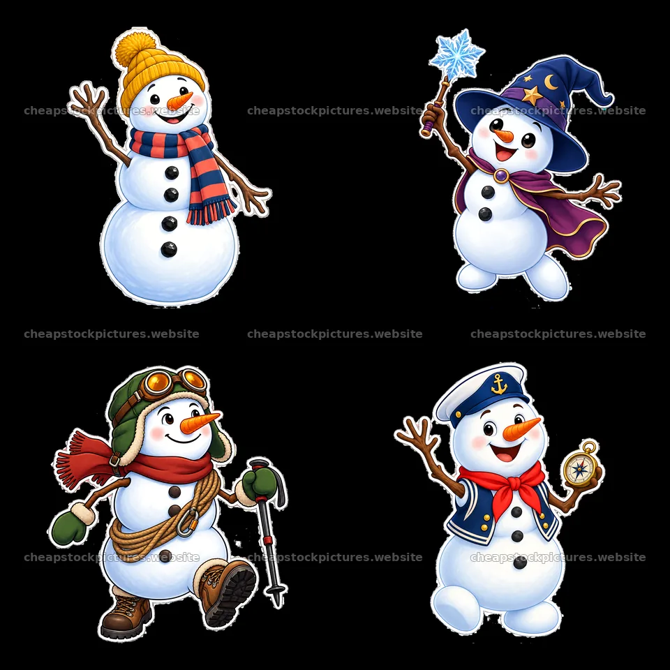 Four unique snowmen in winter outfits with accessories – stock pictures 7746x7746