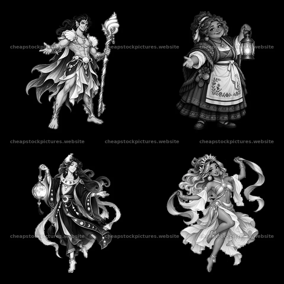 Pagan gods in monochrome illustrating various cultural traditions – stock pictures 7746x7746