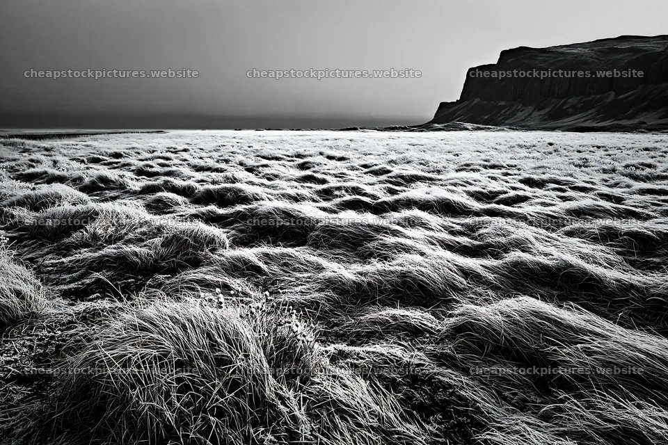 Frosty coastal meadow with grass and cliffs in the background – stock pictures 9722x6480