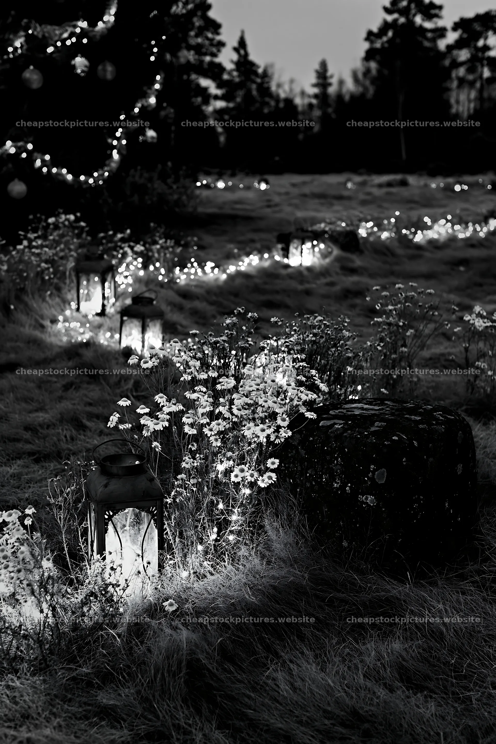 Expansive Christmas meadow with lanterns and stone in frost – stock pictures 6480x9722