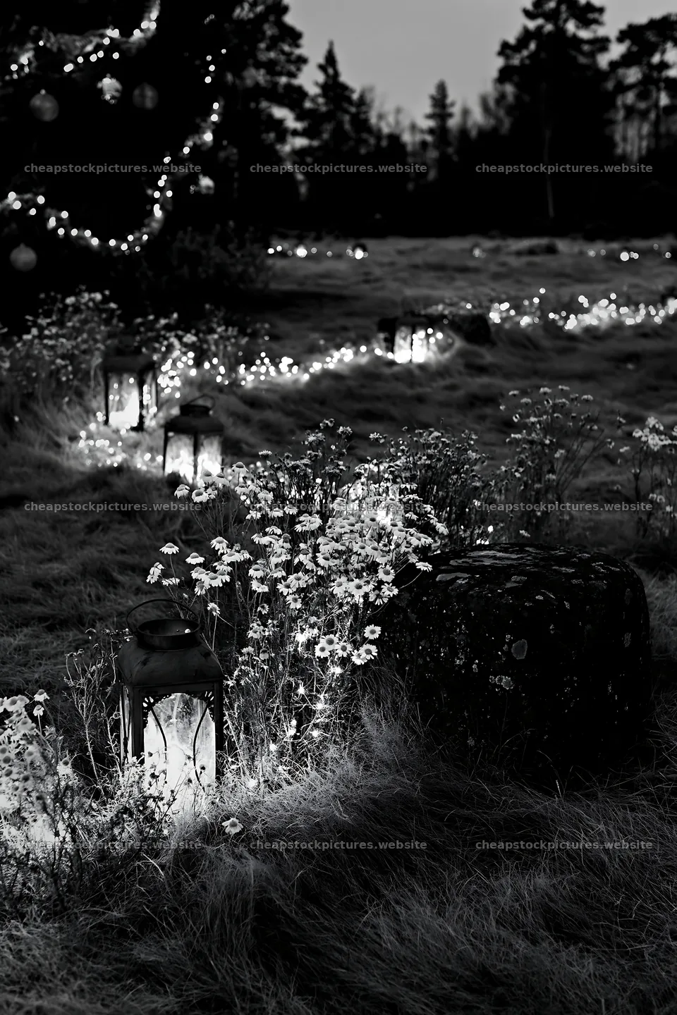 Expansive Christmas meadow with lanterns and stone in frost – stock pictures 6480x9722