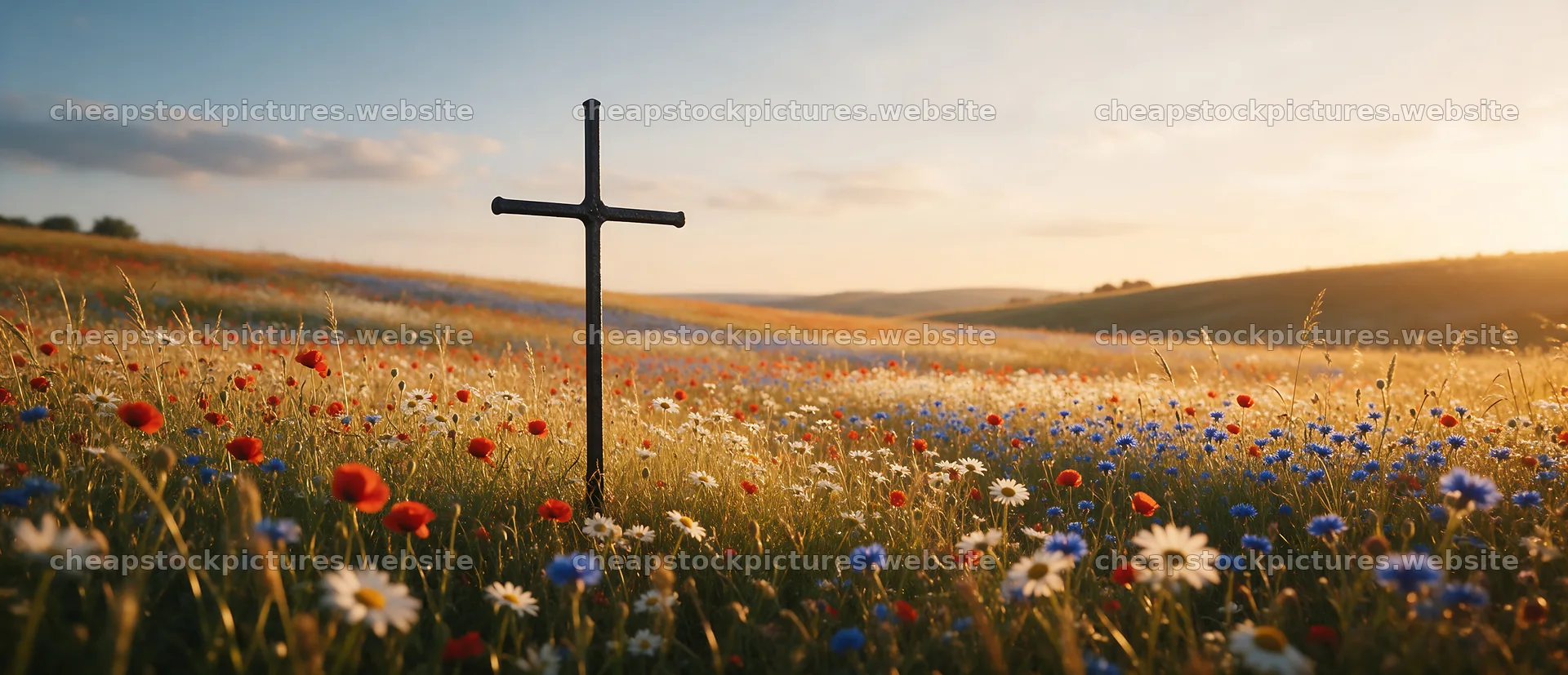 Dark Christian cross in summer meadow at sunset – stock pictures 12094x5210