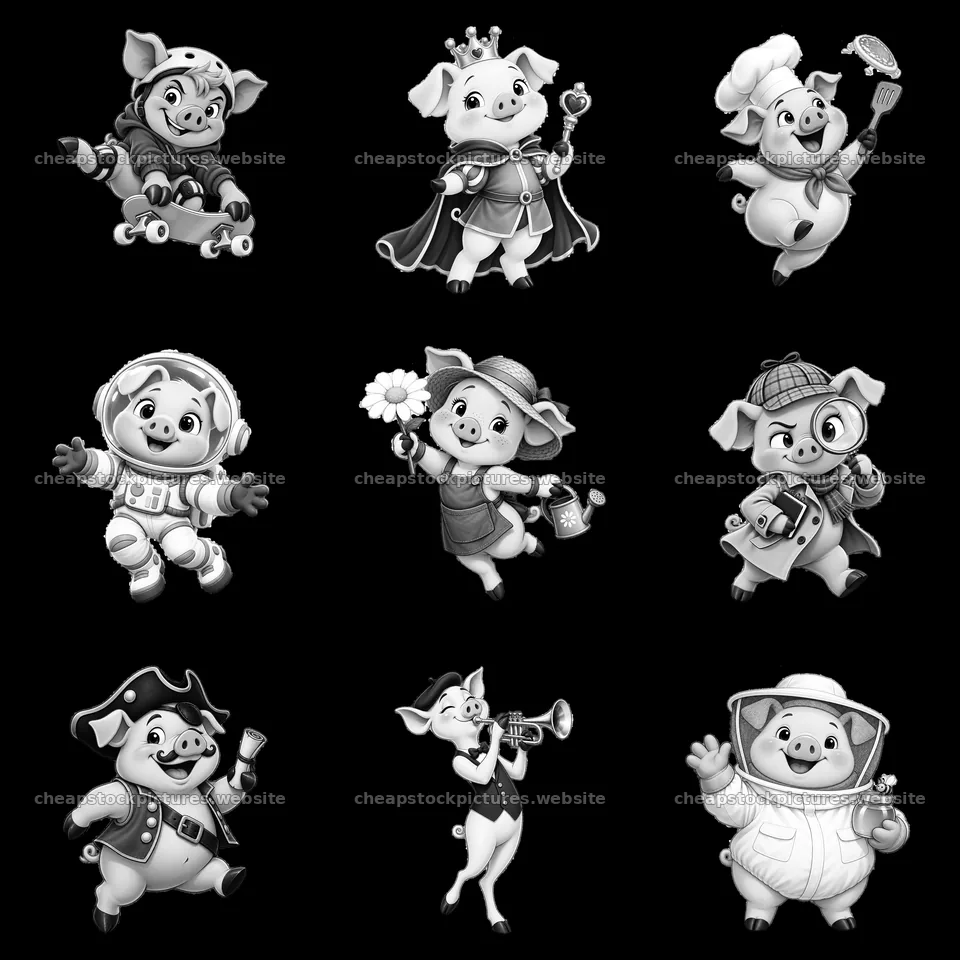 Nine unique pig cartoon stickers in a 3x3 grid layout – stock pictures 7746x7746