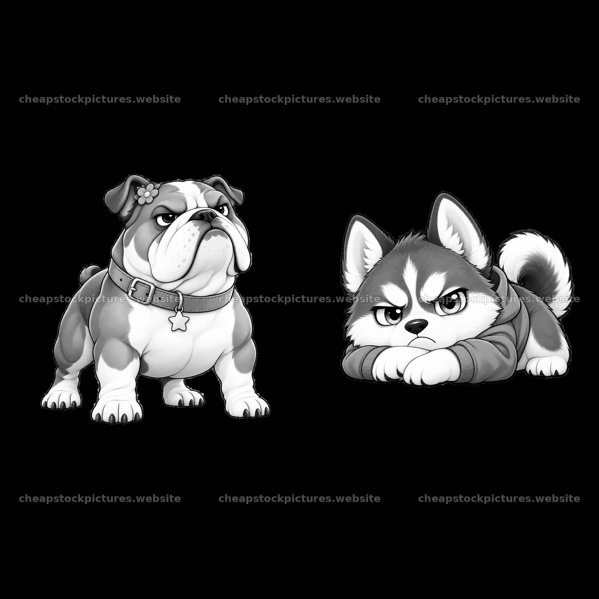 Kawaii grumpy dog duo with distinct expressions and poses – stock pictures 7746x7746