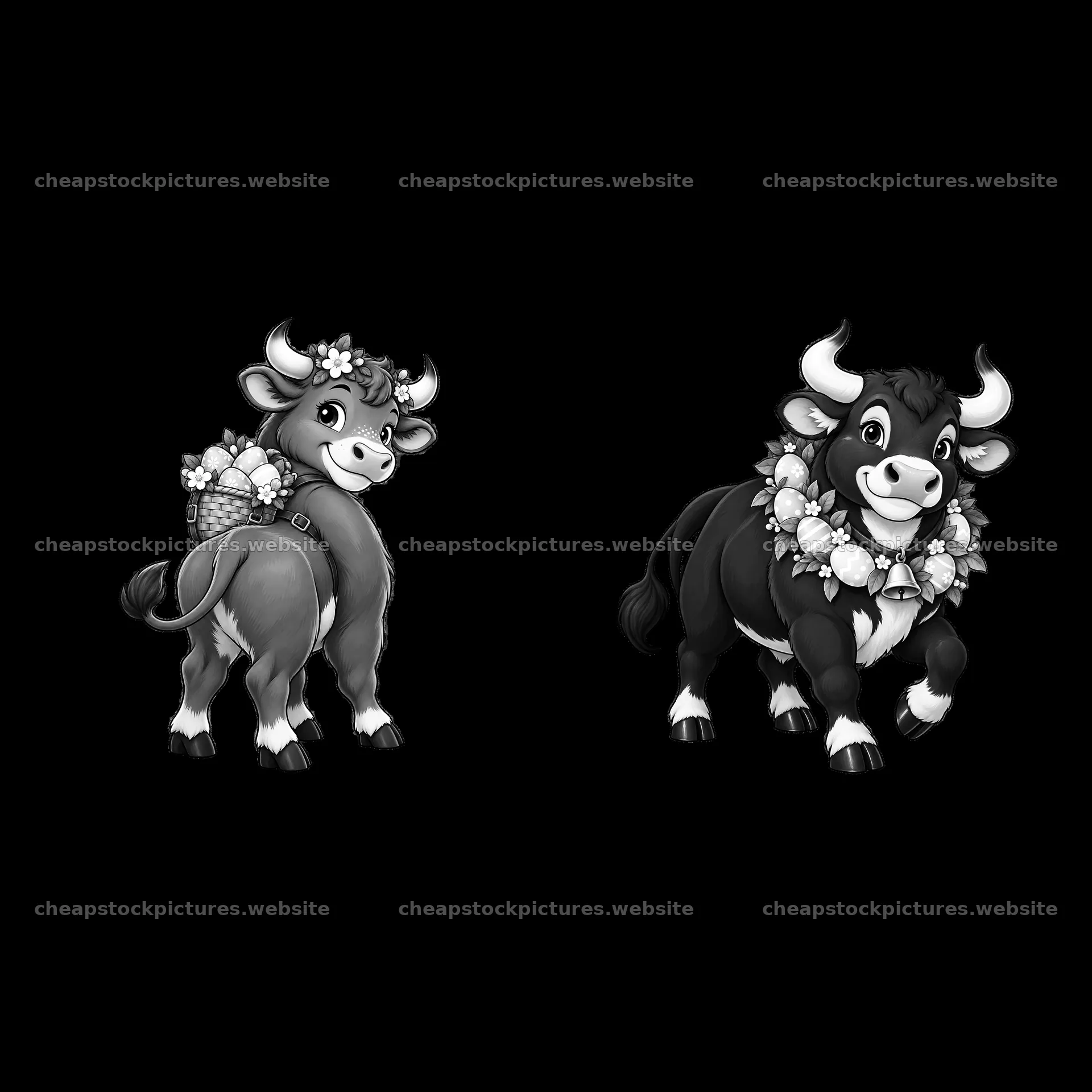 Easter oxen with floral accessories in black and white style – stock pictures 7746x7746