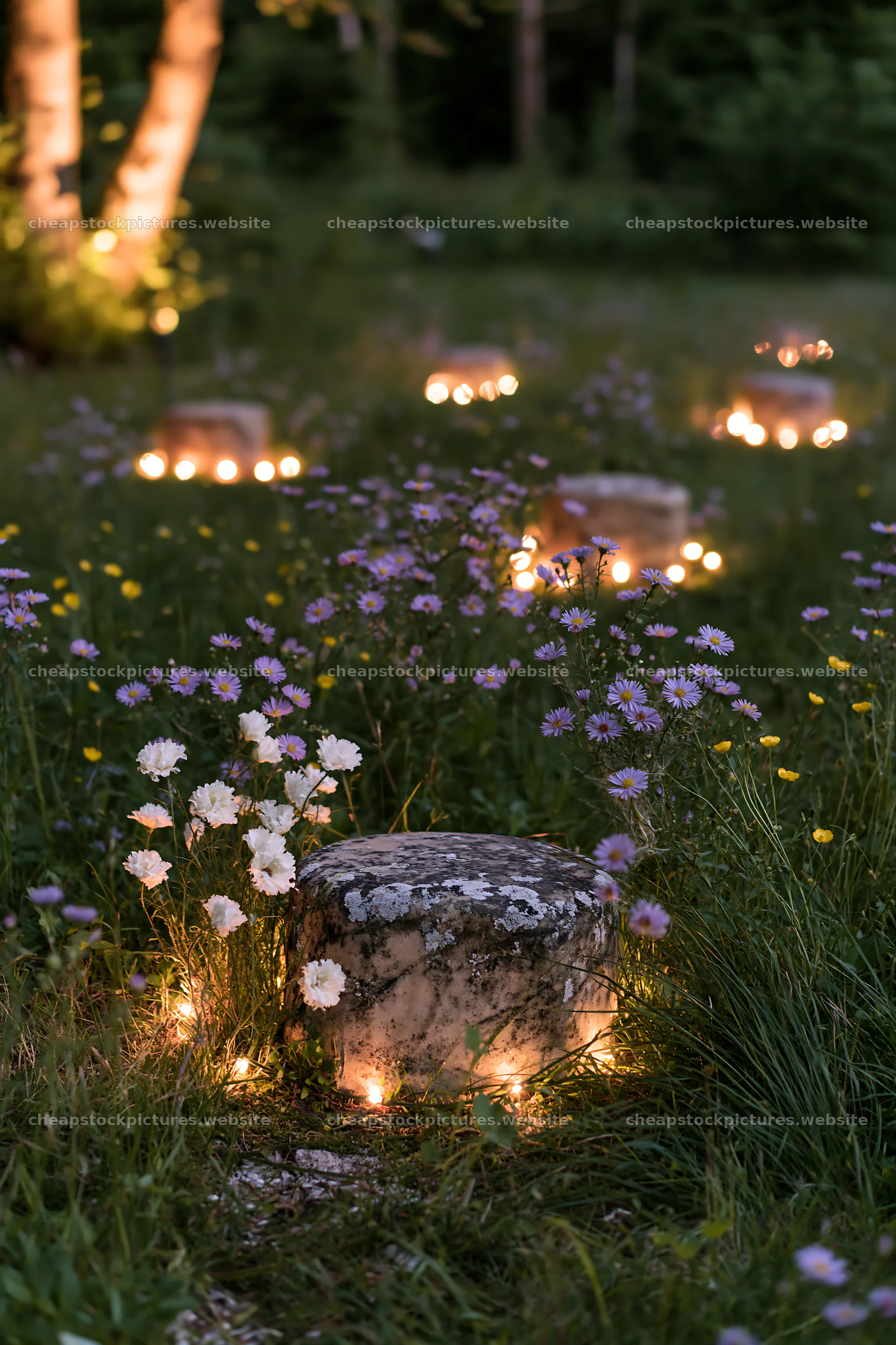 Vibrant meadow with Christmas lights during dusk – stock pictures 6480x9722