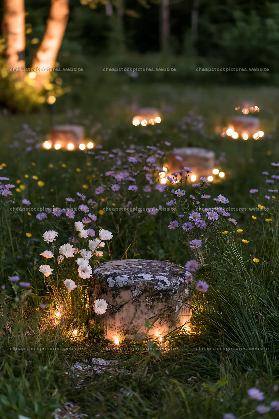 Vibrant meadow with Christmas lights during dusk – stock pictures 6480x9722