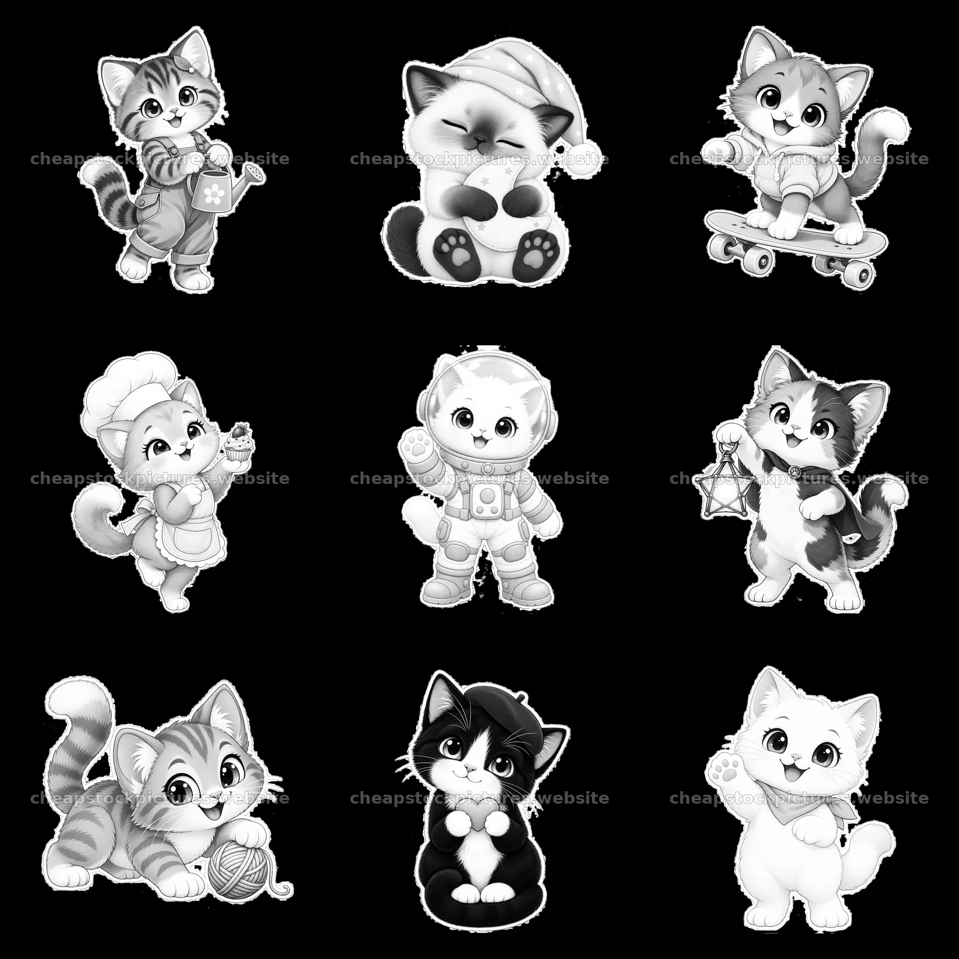 Kawaii cats in various playful poses and costumes design – stock pictures 7746x7746