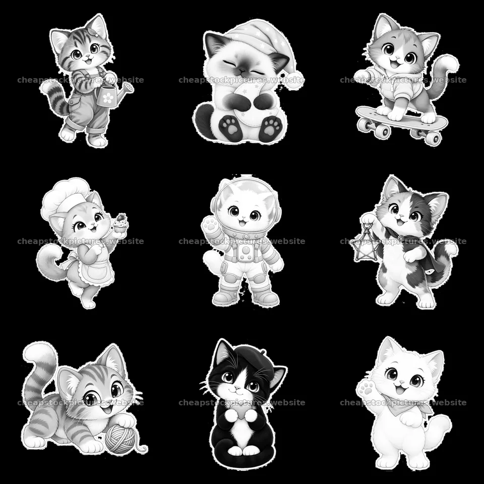 Kawaii cats in various playful poses and costumes design – stock pictures 7746x7746
