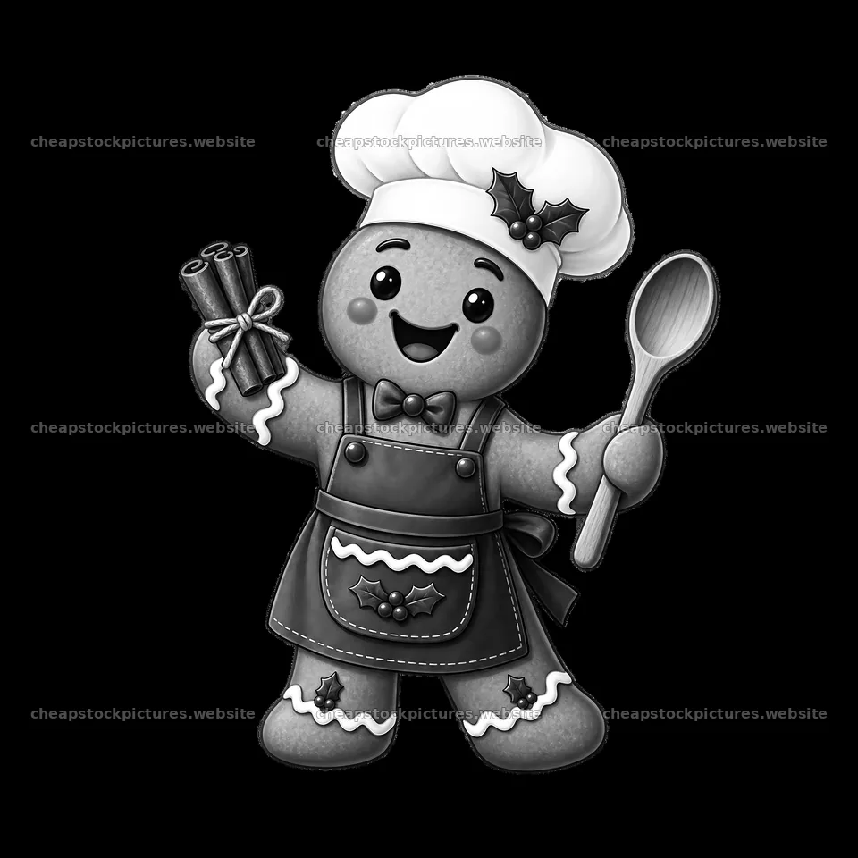 Gingerbread chef holding cinnamon sticks and wooden spoon – stock pictures 7746x7746