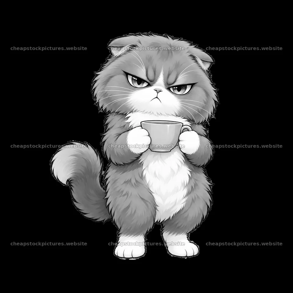 Kawaii grumpy cat holding a cup in monochrome style – stock pictures 7746x7746