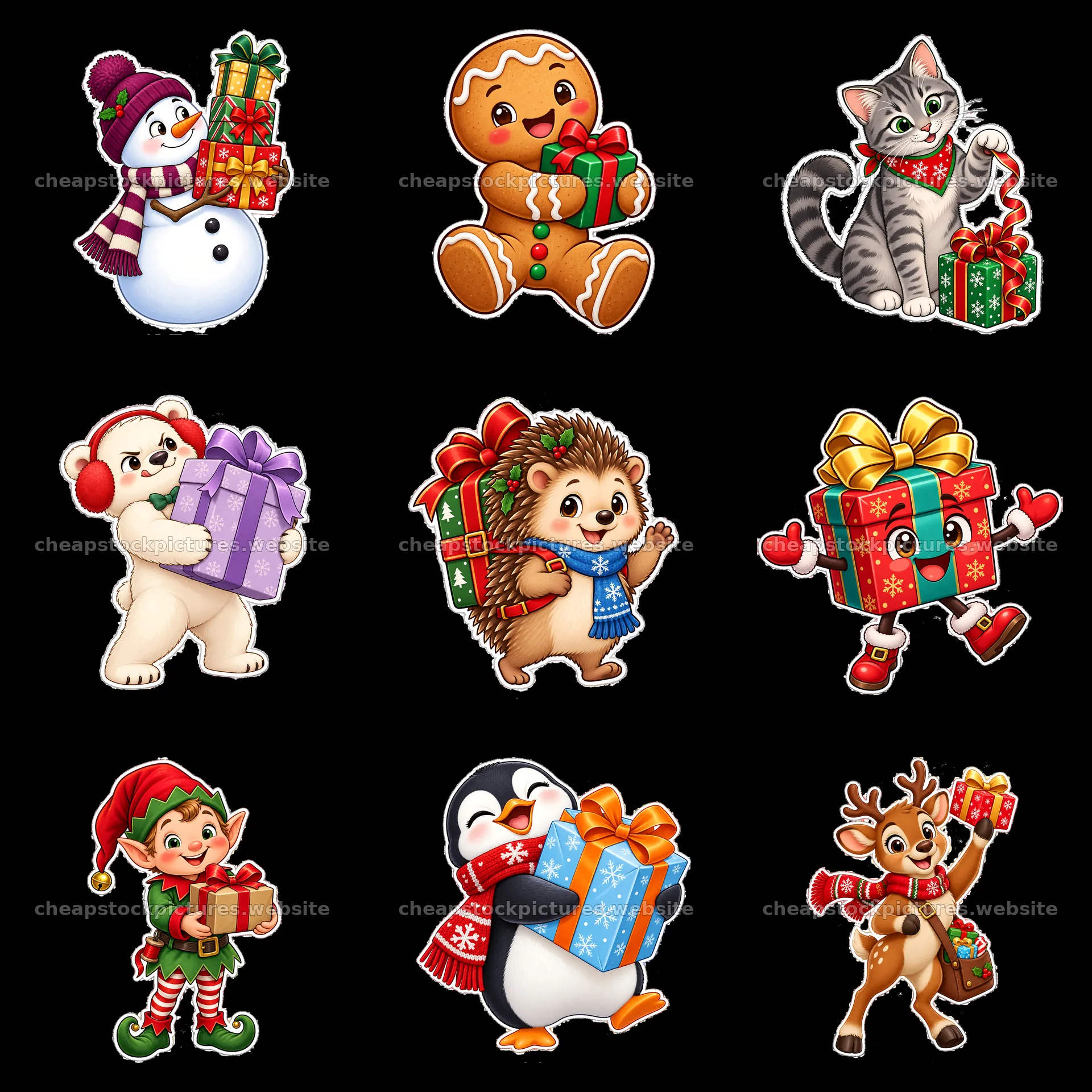 Christmas characters holding presents in a festive layout – stock pictures 7746x7746