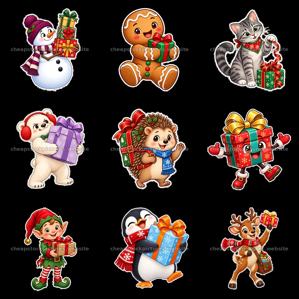 Christmas characters holding presents in a festive layout – stock pictures 7746x7746