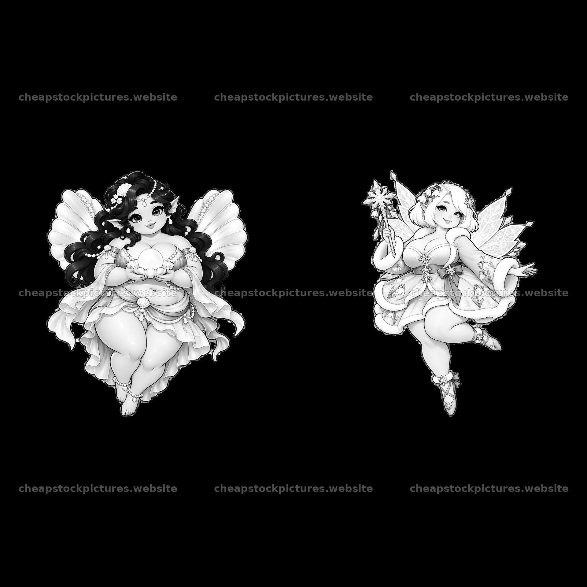 Kawaii ultra-fat fairies with wings and magic staff in monochrome – stock pictures 7746x7746