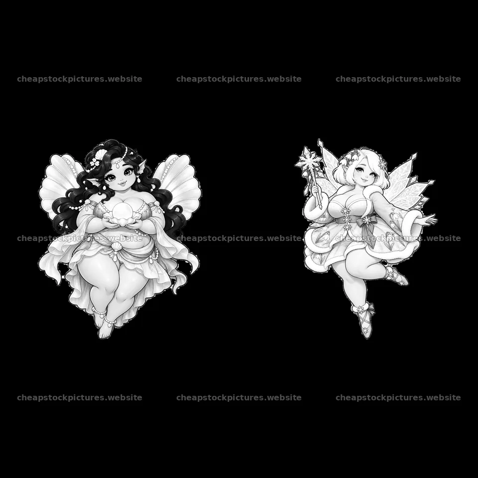 Kawaii ultra-fat fairies with wings and magic staff in monochrome – stock pictures 7746x7746