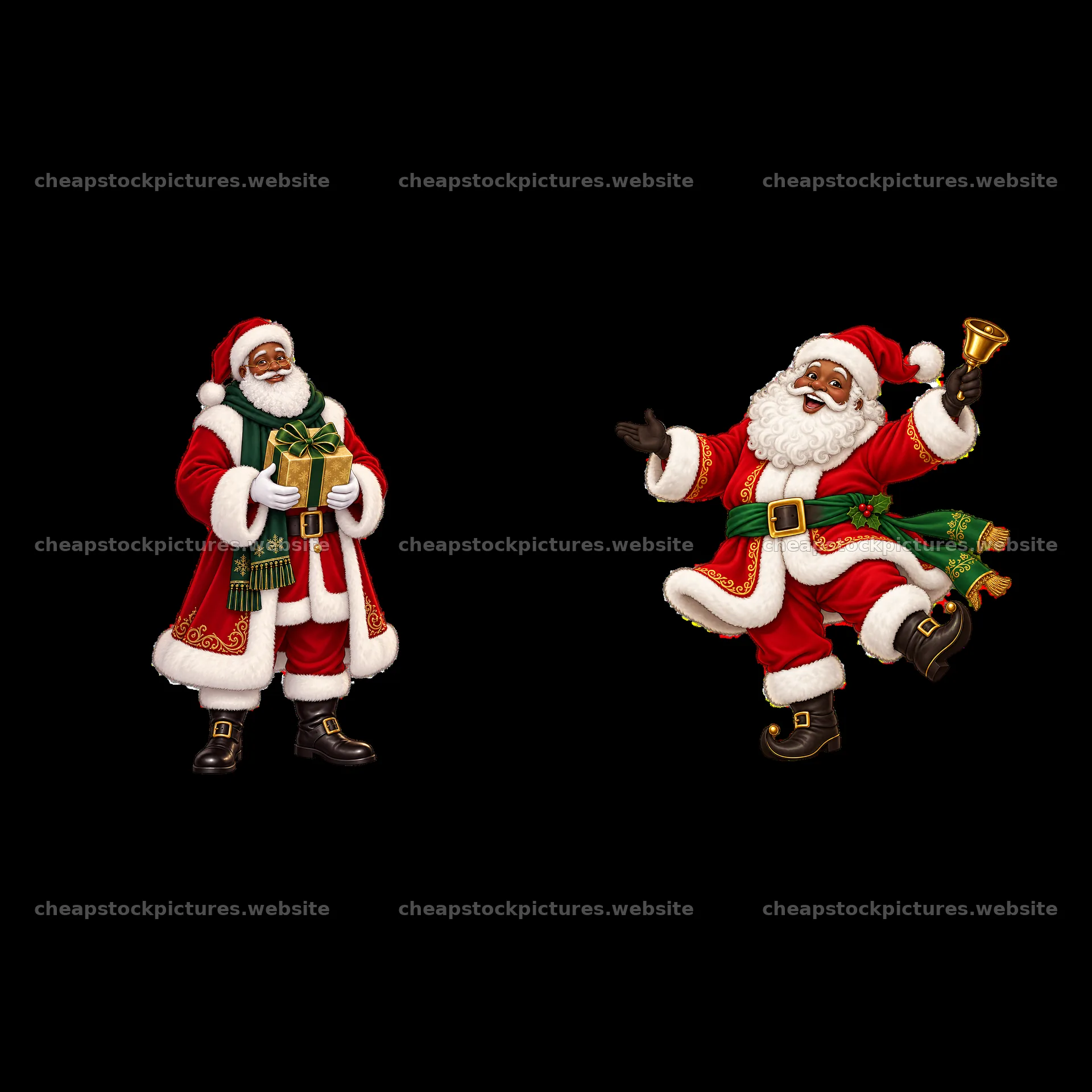 Santa Claus characters with gifts and a bell – stock pictures 7746x7746