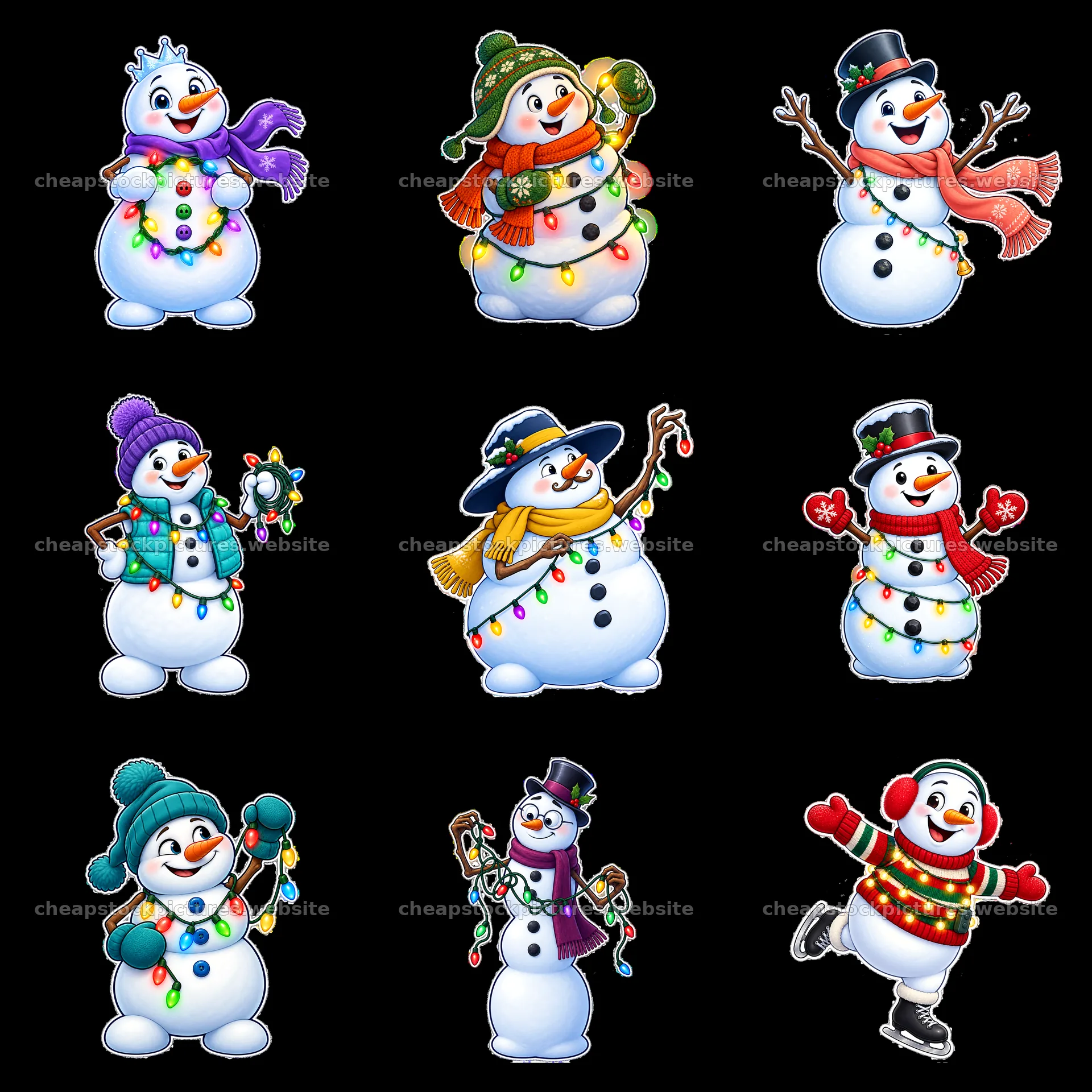 Snowmen decorated with string lights in a 3x3 grid layout – stock pictures 7746x7746