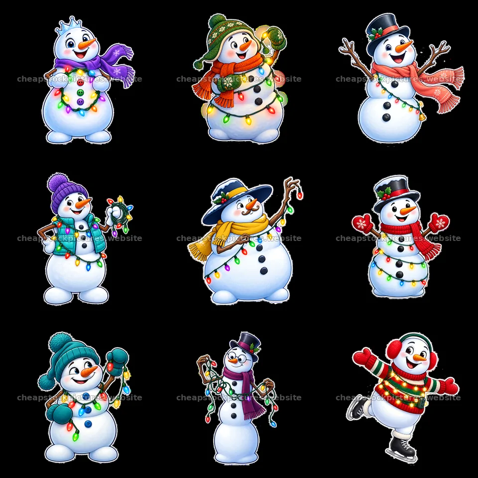Snowmen decorated with string lights in a 3x3 grid layout – stock pictures 7746x7746