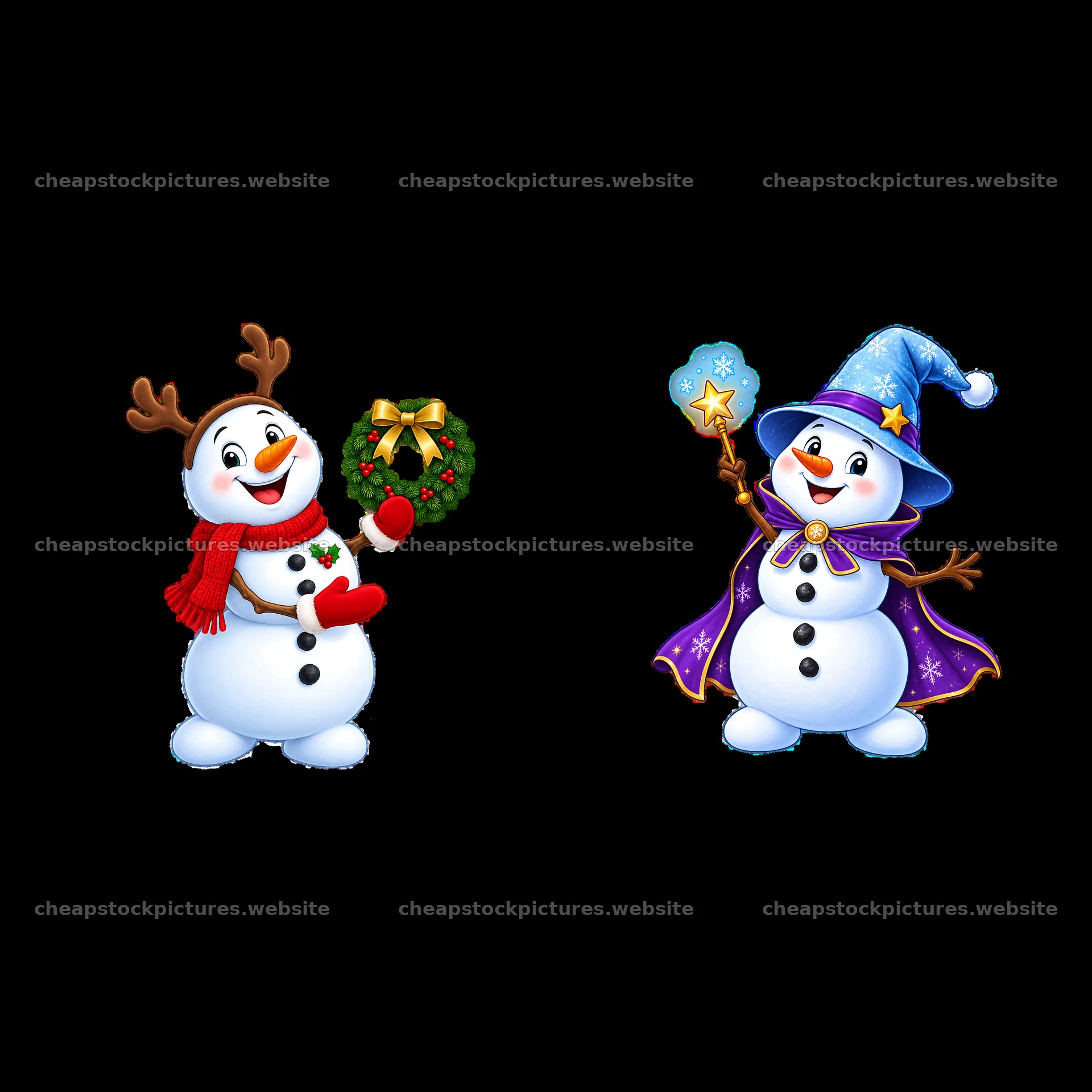 Snowman characters with accessories for festive winter cheer – stock pictures 7746x7746