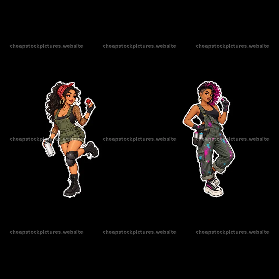 Sexy female graffiti sprayers in urban outfits with spray cans – stock pictures 7746x7746