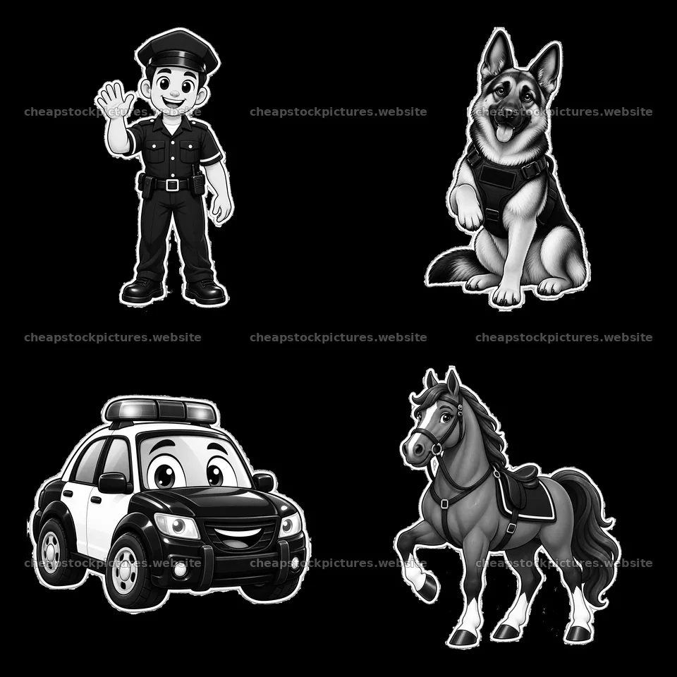 Police officer, police dog, police car and police horse characters – stock pictures 7746x7746