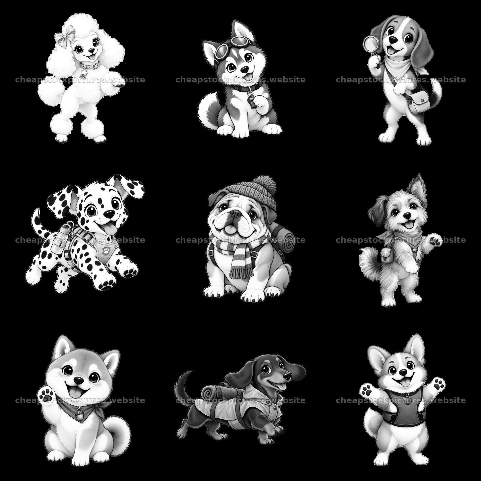 Cute K-9 dogs in black-and-white cartoon sticker design – stock pictures 7746x7746