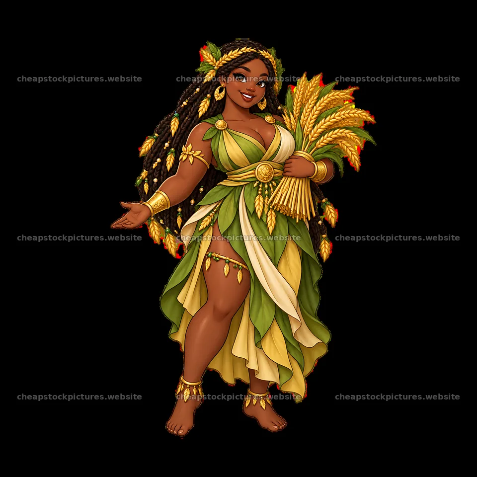Pagan goddess holding a bundle of wheat in a green dress – stock pictures 7746x7746