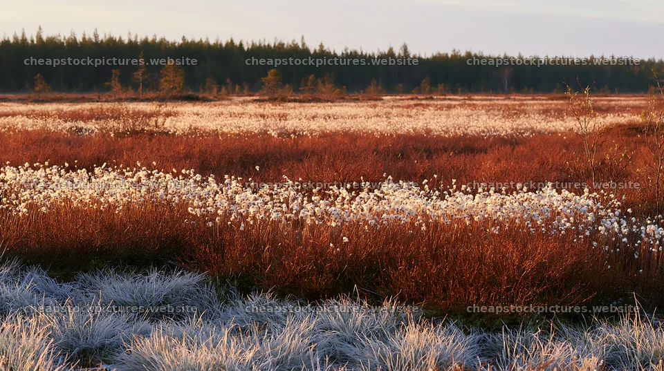 Cottongrass meadow with glow at sunset in nature – stock pictures 10608x5938