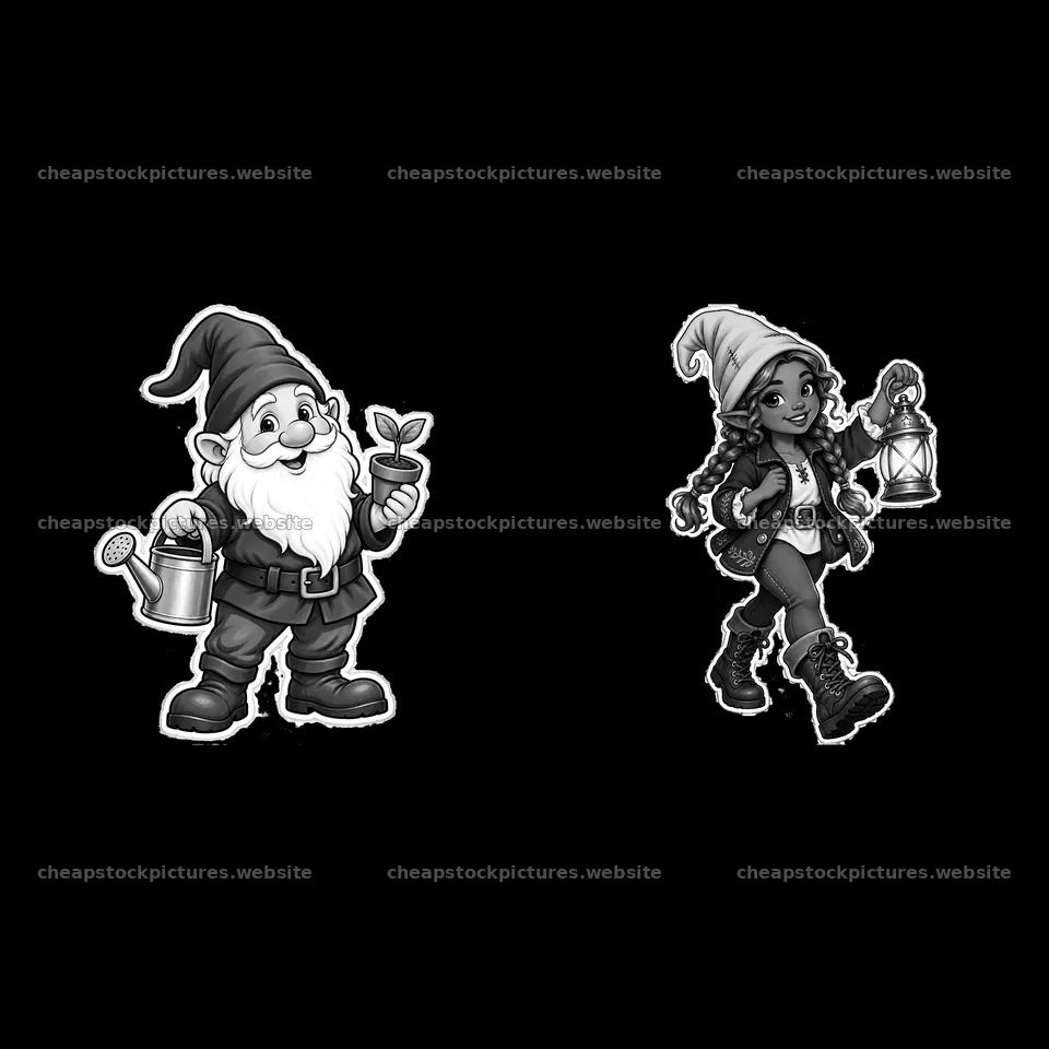 Gnome with watering can and girl with lantern walking together – stock pictures 7746x7746