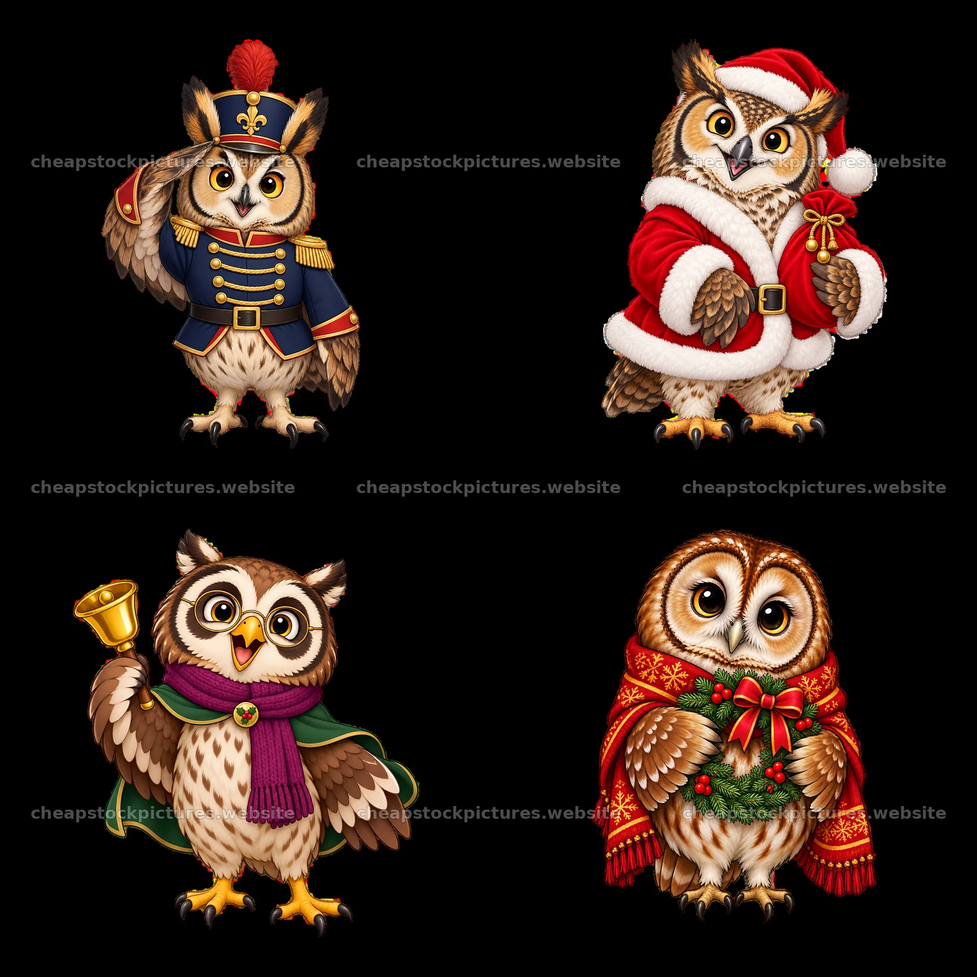 Christmas owls in festive attire for holiday decoration – stock pictures 7746x7746