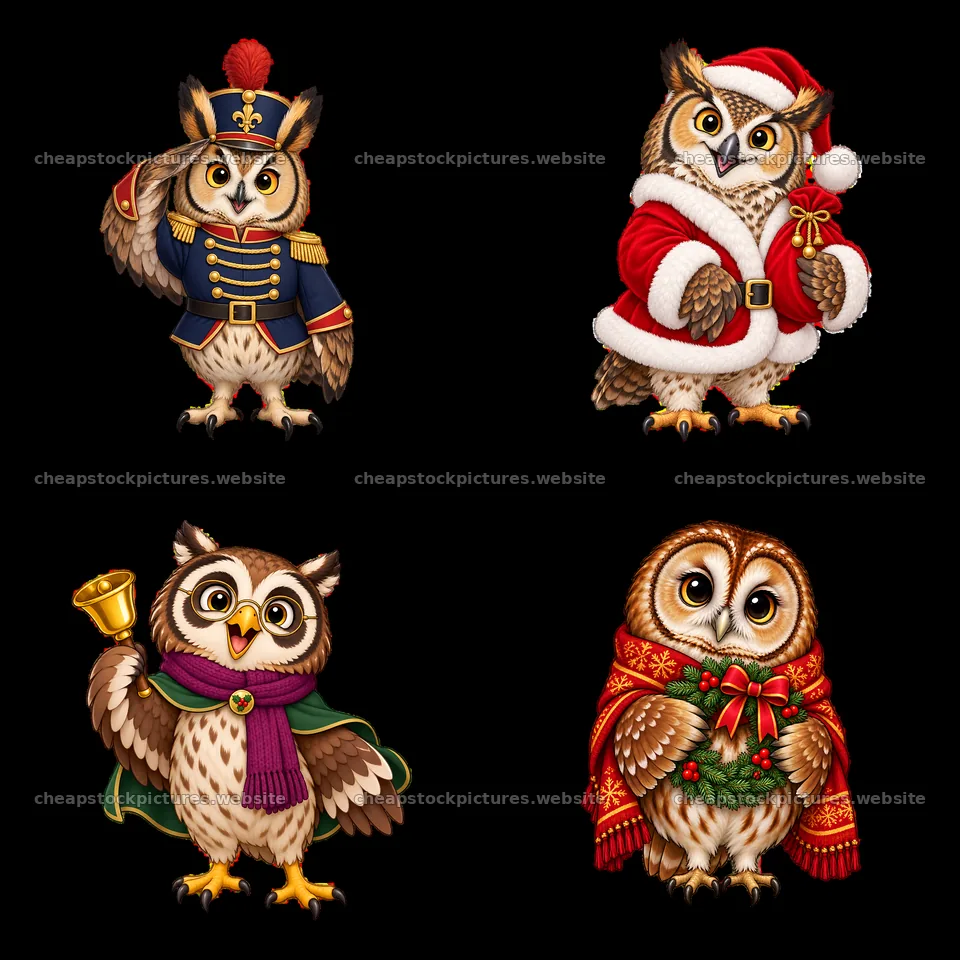 Christmas owls in festive attire for holiday decoration – stock pictures 7746x7746