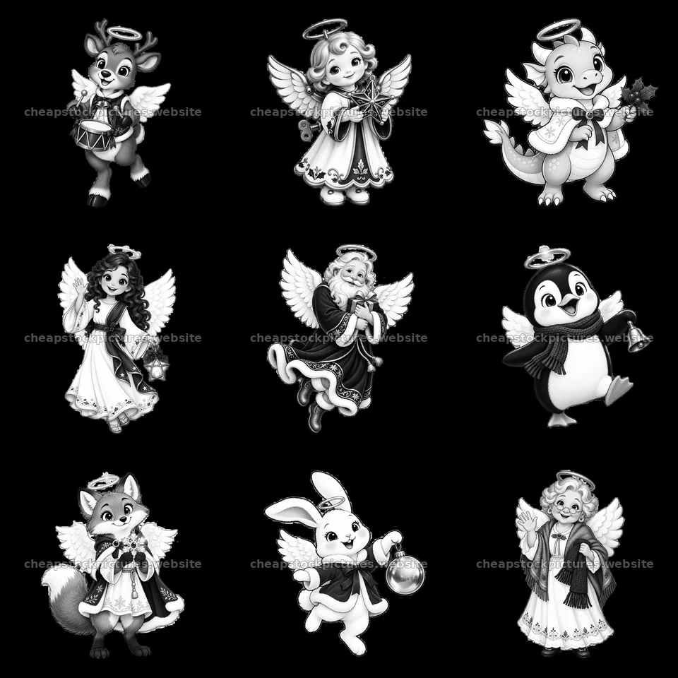Christmas angel characters with animals in a 3x3 grid – stock pictures 7746x7746